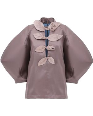 Julia Allert Taffeta Deep V-Neck Blouse With Satin Floral Detail – Taupe - Purple