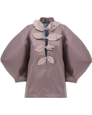 Julia Allert Taffeta Deep V-Neck Blouse With Satin Floral Detail – Taupe - Purple