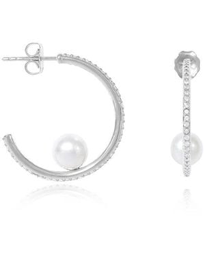 Pearls of the Orient Online Stella Large Pave Hoop Earrings With Cultured Freshwater Pearls - White