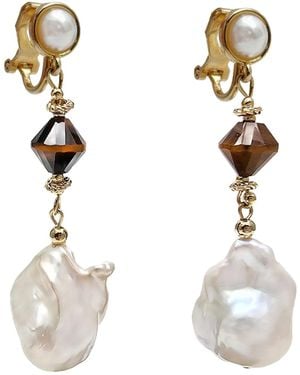 Farra Baroque Pearls With Tiger Eye Dangle Clip-On Earrings - Metallic