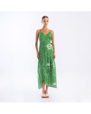 Haris Cotton Printed Satin Wrap Maxi Dress With Straps Peonies - Green