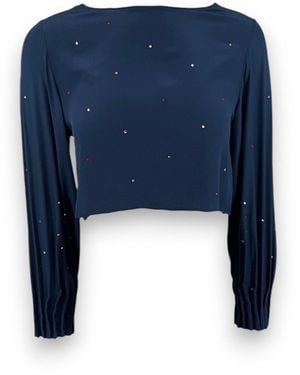 Monzlapur New York Cropped Silk Top With Pleated Cuffs & Crystals - Blue