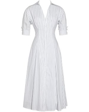 Miss Circle New York Palina Pinstripes Cotton Poplin Pleated Midi Shirt Dress - White