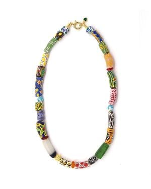 Shar Oke African Krobo Multicolored Glass Necklace V6 - Metallic