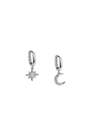 Seven Saints Moon And Star Huggie Hoop Earrings With Drop Charms, Rhodium Plated - Metallic