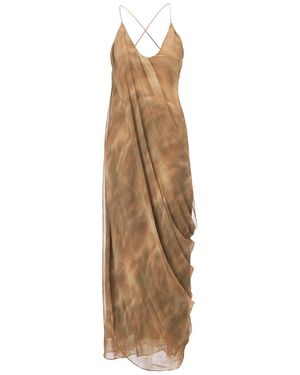 Belsize25 Neutrals Lumen Print Smoky Oud Draped Silk Resort Dress - Natural