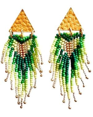 Iliana Arrazola Triangle Fringe, Dangle Earrings, Glass Beads, Beaded Jewellery - Green