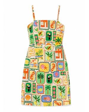 Yumi' Multicolour Postcard Print Mini Sun Dress - Green