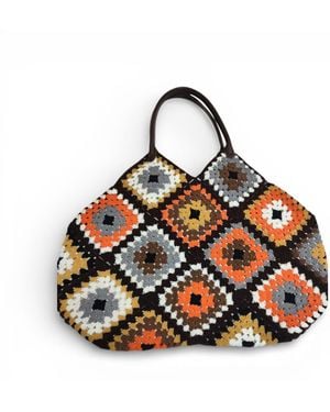 Springmoonatelier Atelier Grandma Plaid Bag – Luxury Hand-Knitted Bag With Leather Handles - Black