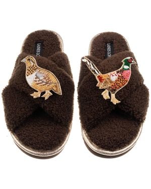 Laines London Neutrals Laines Neutral Boucle Slippers With Pheasant & Hen Brooches - Brown