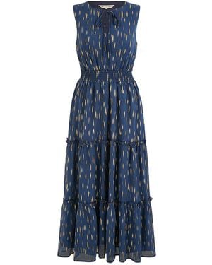 Yumi' Foil Print Ruched Waist Midi Dress With Tie Notch Neckline - Blue