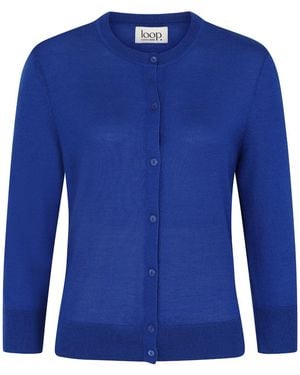 Loop Cashmere Three Quarter Sleeve Crew Neck Cardigan - Blue