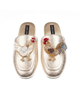 Laines London Classic Mules With Chicken & Rooster Brooches - Metallic