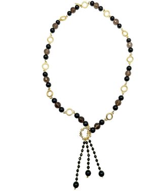 Farra Classic Style Y Shape Obsidian & Smoky Quartz Fringe Necklace - Brown