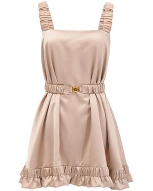 Kargede Neutrals Champagne Pearl Satin Dress – Designer Silky Slip Mini, Square Neckline - Natural