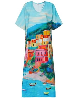 DHARA SHETH DUBAI La Dolce Riviera Mediterraneanvintage Look Long Cotton Kaftan Dress With Pockets - Blue