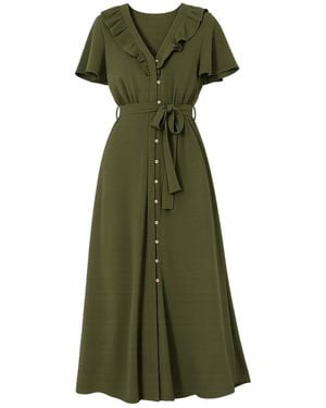 Yumi' Ruffle Collar Midi Shirt Dress - Green