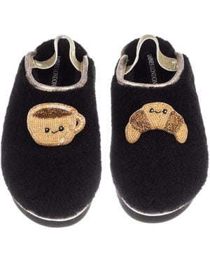 Laines London Flatform Cloud Closed Toe Slippers With Laines Lovables Coffee & Croissant Brooches - Black