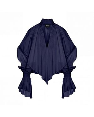 BLUZAT Oversized Shirt With High Collar And Balloon Sleeves - Blue