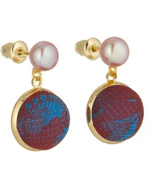 Soft Strokes Silk Pure Silk Brocade Earrings With Freshwater Pearls - Blue