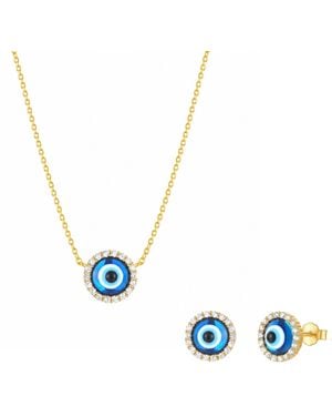 Spero London Halo Real Evil Eye Sterling Necklace & Earrings Set - Blue