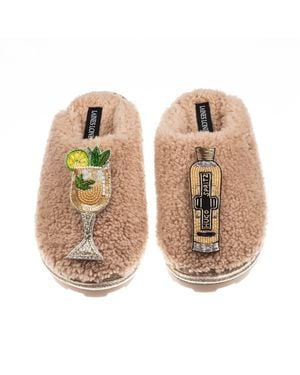 Laines London Neutrals Teddy Closed Toe Slippers With Hugo Spritz Brooches - Natural