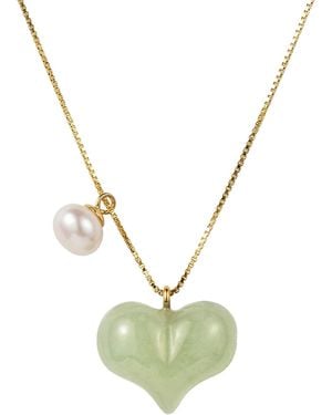 seree Puffed Heart Jade & Pearl Pendant Necklace - Metallic