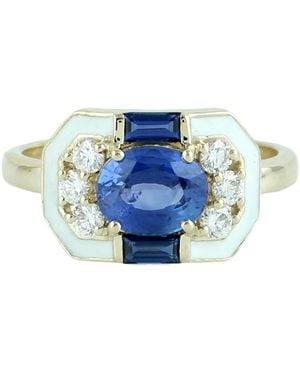 Artisan 14K Sapphire, Diamond & Enamel Art Deco Ring - Blue