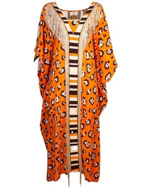Lalipop Design Leopard Print Viscose Kaftan With Fringe Details - Orange
