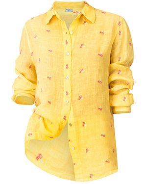 Haris Cotton Embroidered Linen Gauze Shirt Bannana Fuchsia - Yellow