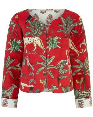 Yumi' Animal Print Reversible Cotton Cropped Quilted Jacket - Red