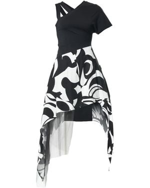 Metamorph Open Shoulder Long Top With Print And Tulle Layer - Black