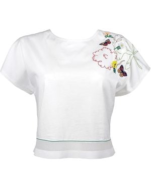 Lalipop Design Embroidered Cropped Cotton T-Shirt With Hem Detailing - White