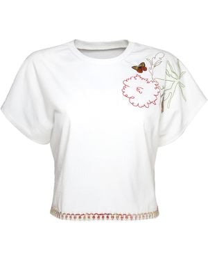 Lalipop Design Embroidered Cropped Cotton T-Shirt - White