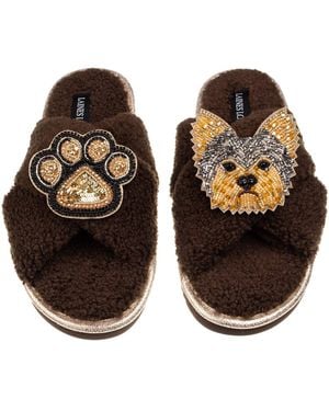 Laines London Neutrals Laines Neutral Boucle Slippers With Minnie The Yorkie & Paw Brooches - Brown