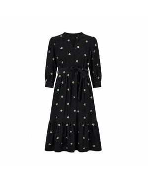 Yumi' Flower Embroidery Midi Cord Dress - Black