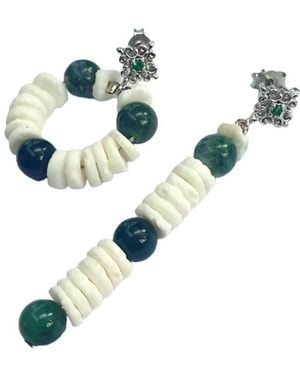 Way to Chic Asymmetrical Earrings With Shell & Moss Agate Stones - Blue