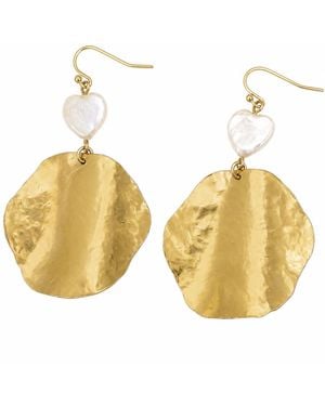 Rare Matters Jewelry Hammered Brass Disc & Freshwater Pearl Heart Statement Earrings - Metallic