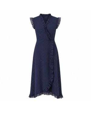 Yumi' Polka Dot Midi Wrap Frill Dress - Blue
