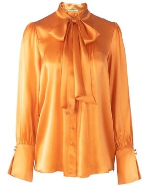 Solgo Atelier Phaius Long Puff Sleeve Silk Charmeuse Blouse With Pintuck Details And Removable Bowtie - Orange