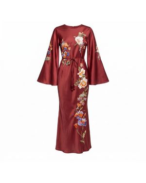 Tantra Spain Sl Maxi Dress With A Japanese Floral Print And A Round Neckline Burgandy - Red