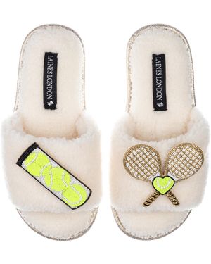 Laines London Teddy Towelling Slipper Sliders With Tennis Lover Brooches - White