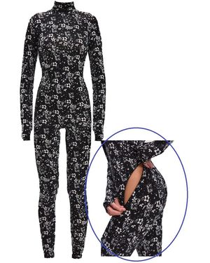 Monosuit Viscose Noir Blossom Long Sleeve High Neck Full Bodysuit Total - Black