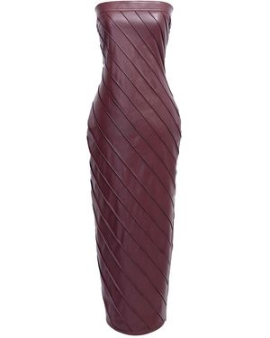 Kargede Burgundy Leather Pencil Dress – Pleated Strapless Midi - Purple