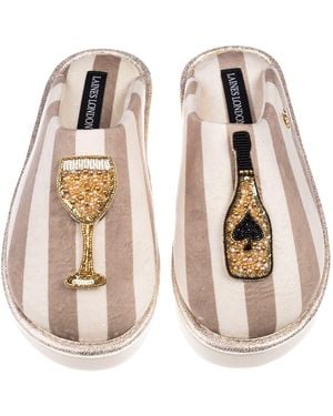 Laines London Neutrals Flatform Stripe Closed Toe Slippers With Ace Of Champagne Brooches - Multicolour
