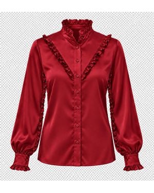 Carloslines Ruffle Stand Collar Long Sleeve Shirt - Red