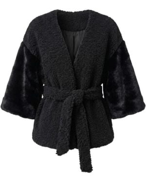 Saachi Fur Tie Front Short Kimono - Black