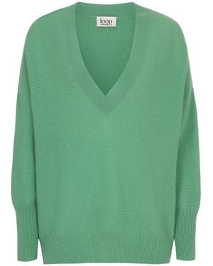 Loop Cashmere Relaxed Lofty V Neck Sweater - Green