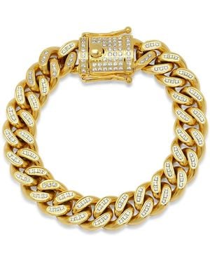 Steeltime Stainless Steel 18K Plated 10Mm Miami Cuban Link Cz Iced Out Bracelet With Box Clasp 9 Inch - Metallic
