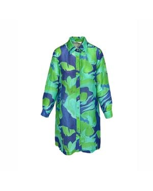 Haris Cotton Longline Printed Linen Blend Shirt With Long Sleeves Lagoon - Green
